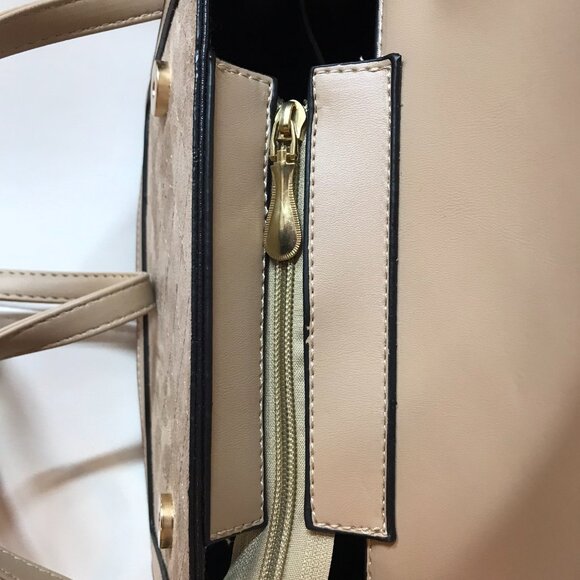 Beige Faux Suede and Faux Leather Crossbody Bag Purse Satchel with Top Handle - Picture 8 of 9